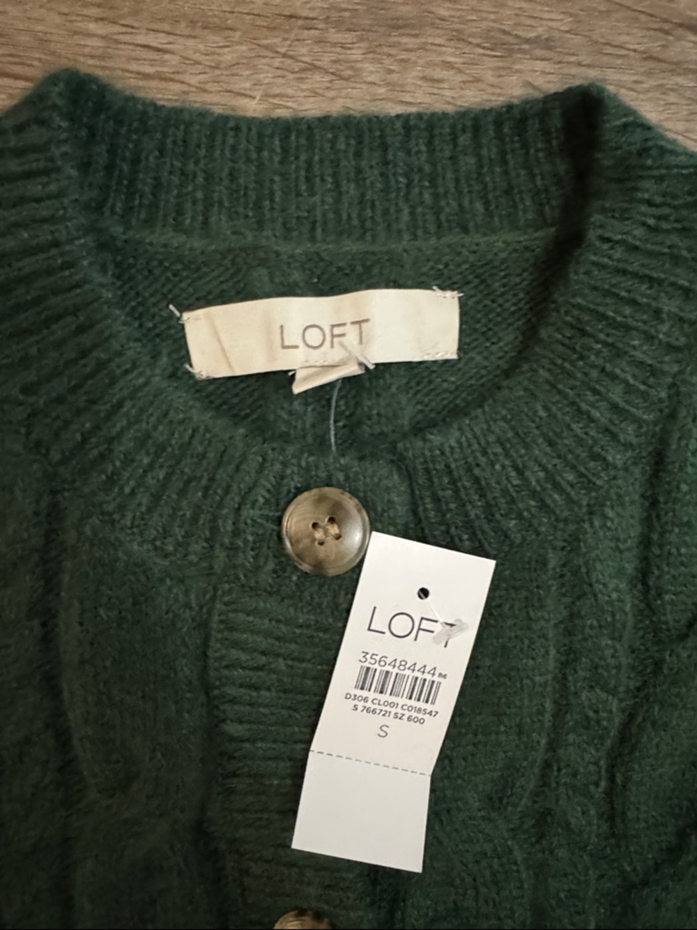 LOFT Dark Green Cable-Knit Button Cardigan - Picture 2 of 3